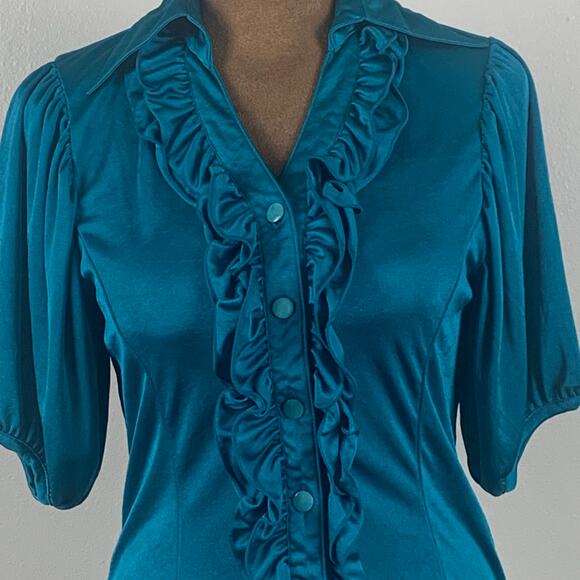 Cecil McBee Teal Ruffled V Neck Buttoned Blouse Small - Picture 2 of 7